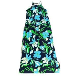 Boston Proper Halter Maxi Dress L Large Navy Blue Green White‎ Floral Resort